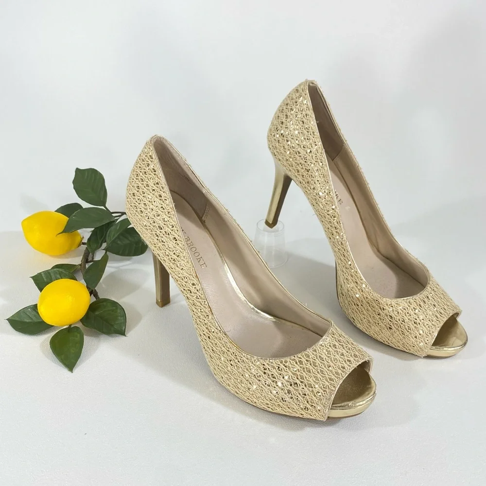 Gold Shimmer Peep Toe Heels 10 Audrey Brooke 4